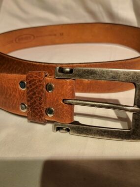 Men's Tan Brown Leather Belt with Antique Silver Buckle